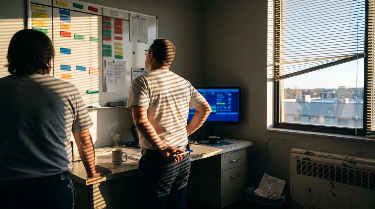 The Forz team working late in the ops room, reviewing the dispatch board together