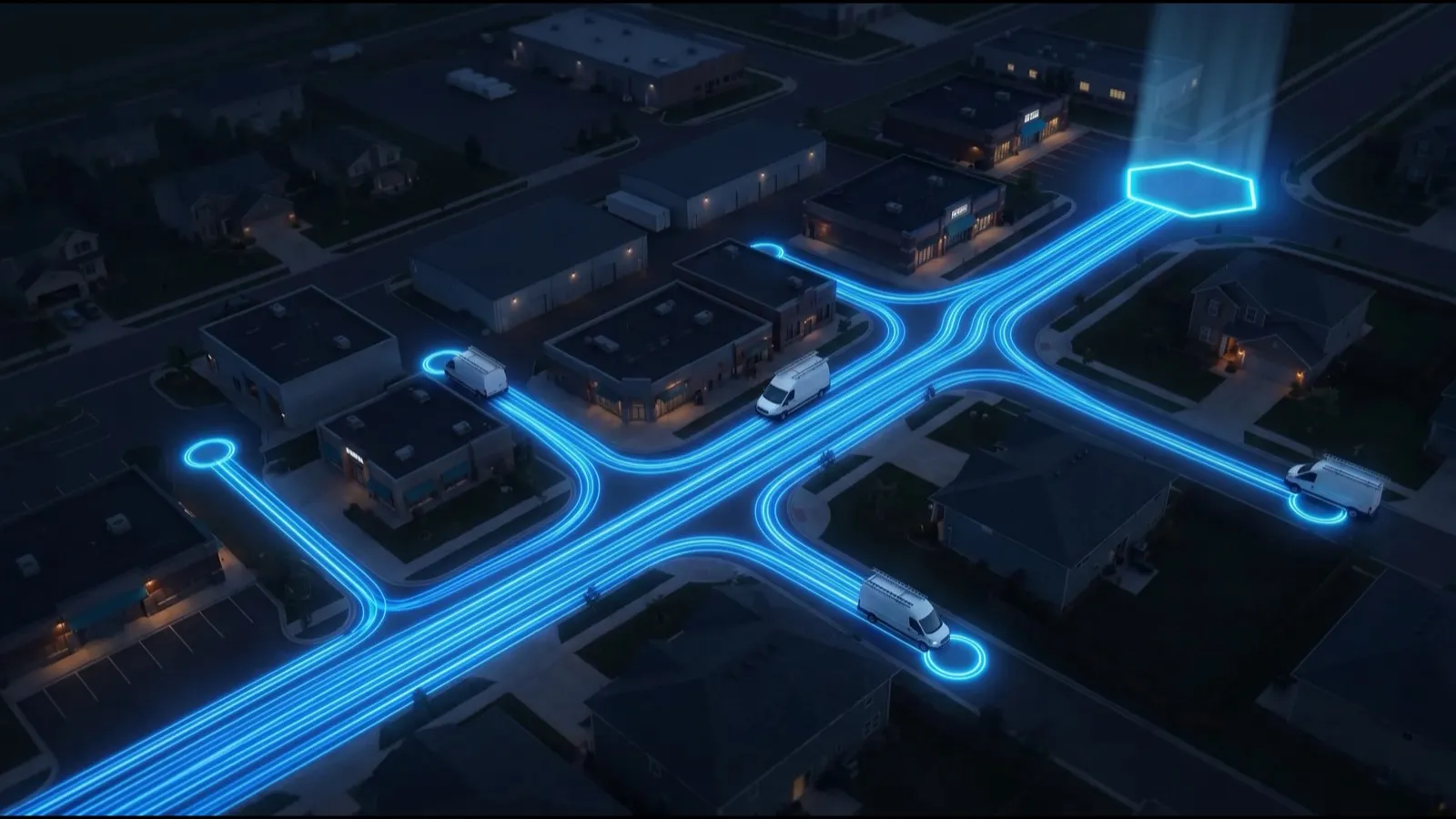 Aerial night view of a service territory: glowing blue routes link four service vans to a hexagonal Forz command node