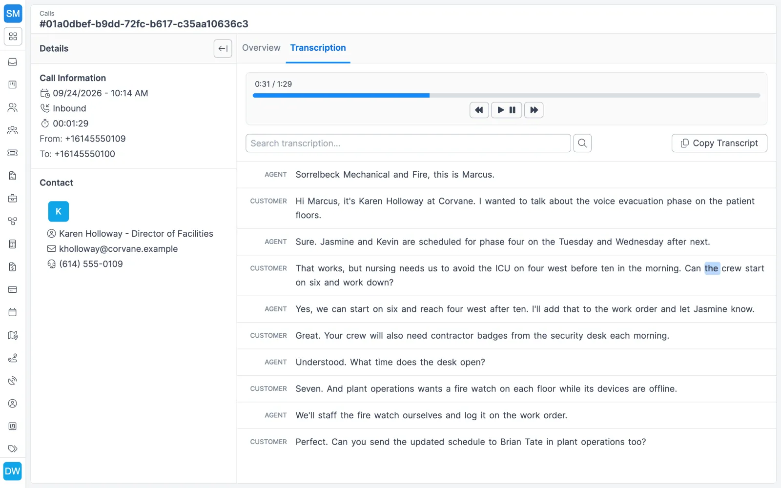 Forz call detail with a playable recording and a speaker-labeled transcript of a customer call about hospital fire alarm work