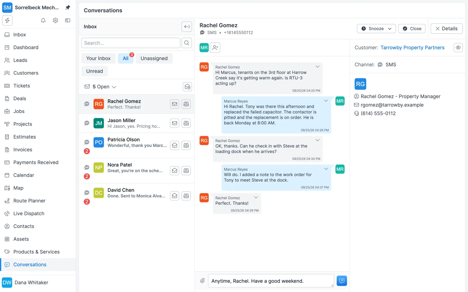 Forz Conversations inbox showing a two-way SMS thread about a warm rooftop HVAC unit, with the contact's details on the right