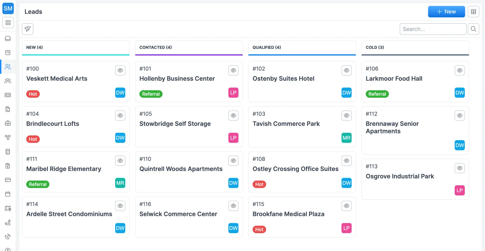 Forz Leads kanban board with New, Contacted, Qualified and Cold columns of commercial property leads, tags and rep initials