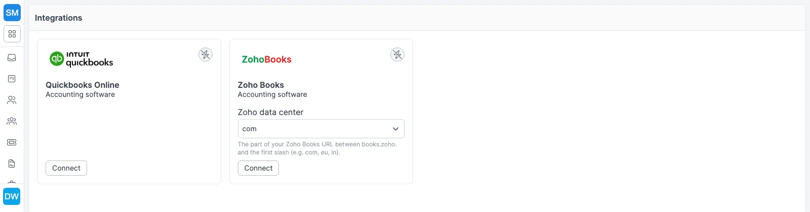 Configuraciones > Integraciones en Forz con la tarjeta de QuickBooks Online, marcada como desconectada, y su botón Conectar, junto a una tarjeta de Zoho Books