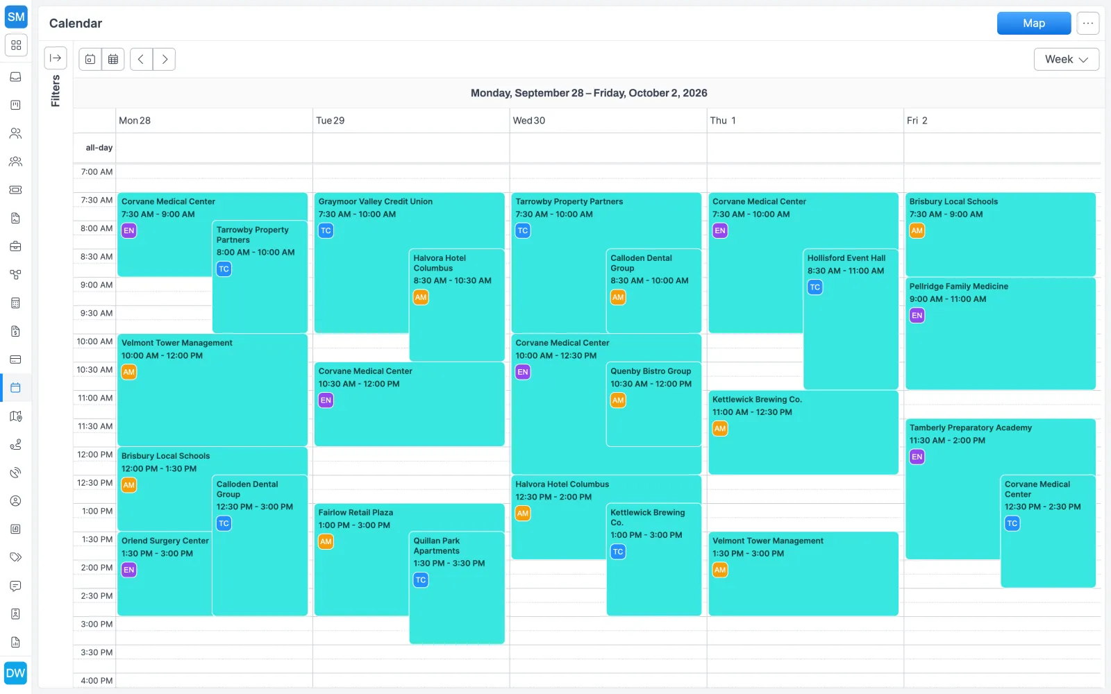Calendario semanal de Forz del 28 de septiembre al 2 de octubre de 2026 con trabajos para clientes comerciales e iniciales de cada técnico