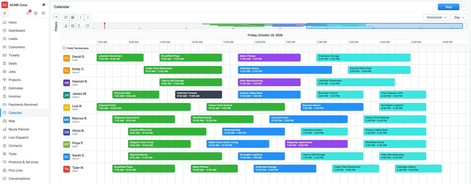 Vista Día horizontal del calendario de Forz con trabajos por color para diez técnicos de campo el viernes 16 de octubre de 2026