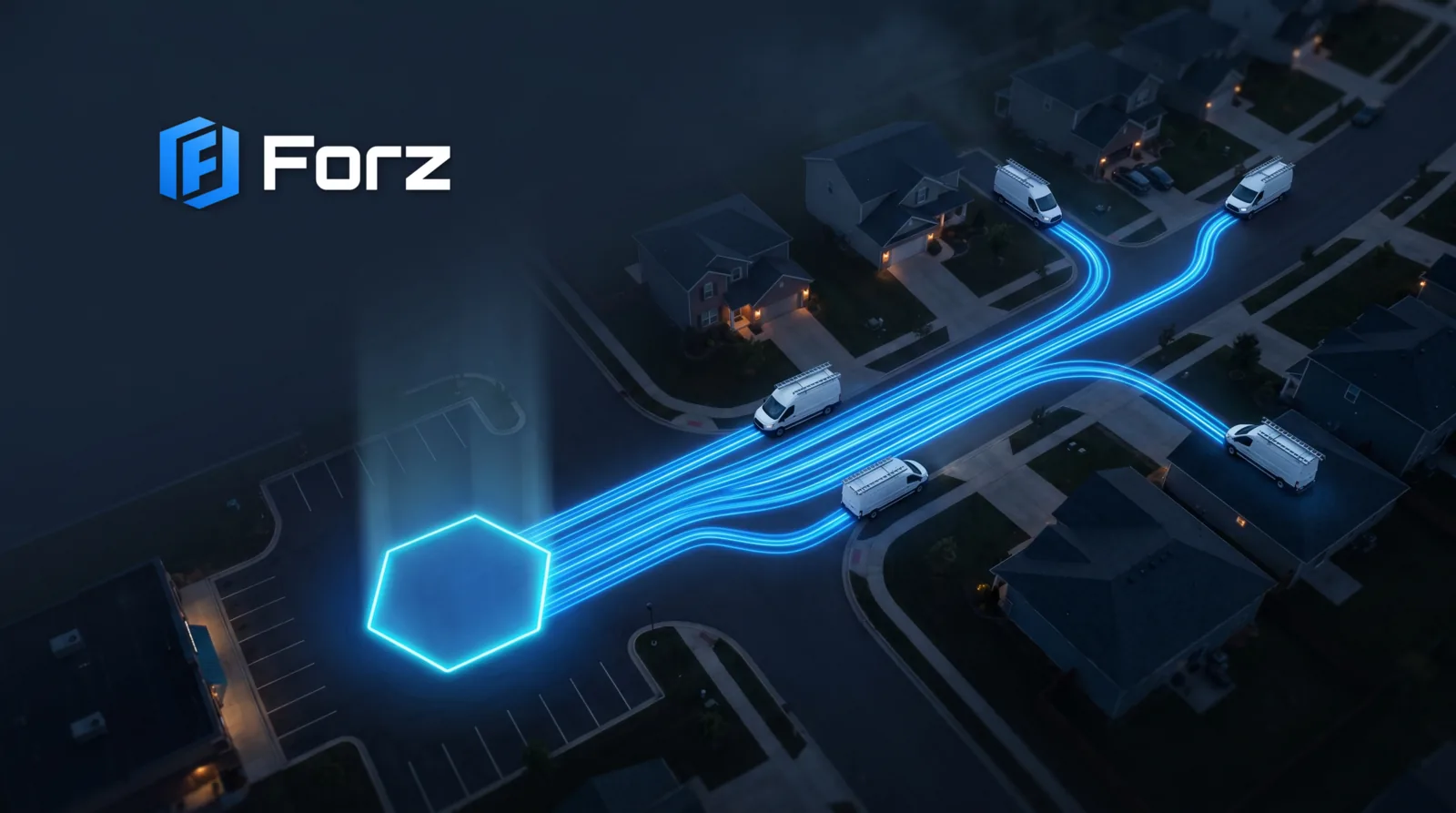 Aerial night view of a service territory: glowing routes from five service vans converge on a single Forz command point