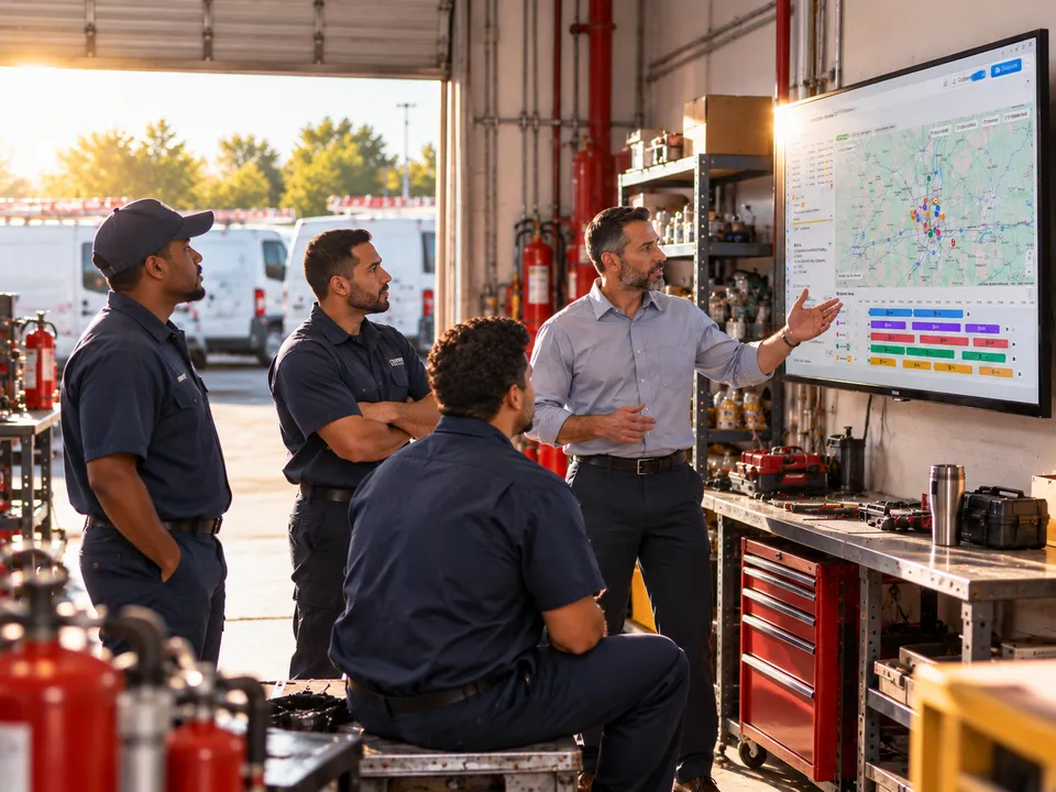 Un gerente de operaciones repasa las rutas del día en una pantalla con tres técnicos de protección contra incendios en el taller