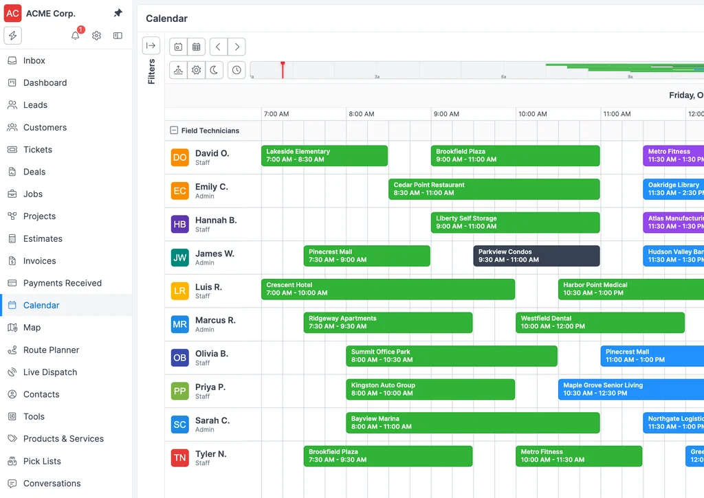 Calendario de programación de Forz con despacho de arrastrar y soltar para equipos de servicio de campo