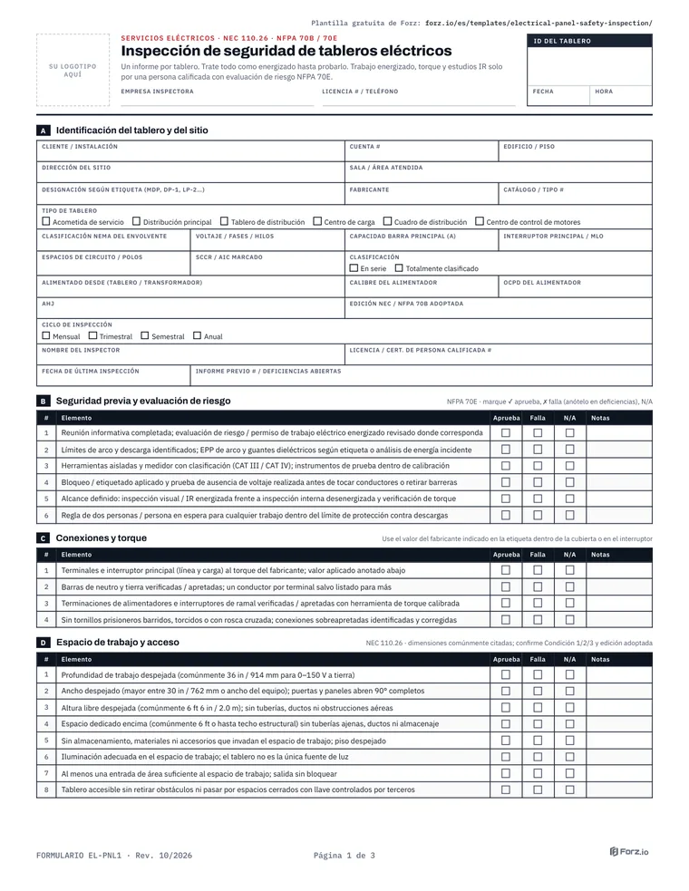 Página 1 del PDF Lista de verificación de inspección de seguridad de tableros eléctricos comerciales