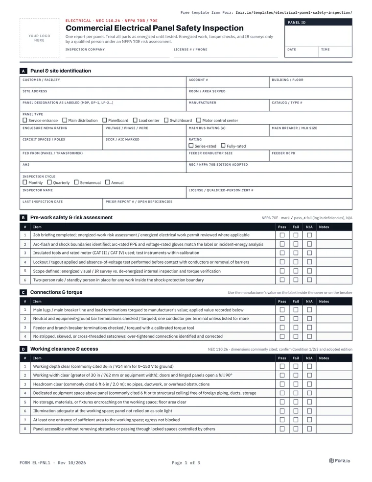 Page 1 of the Commercial Electrical Panel Safety Inspection Checklist PDF