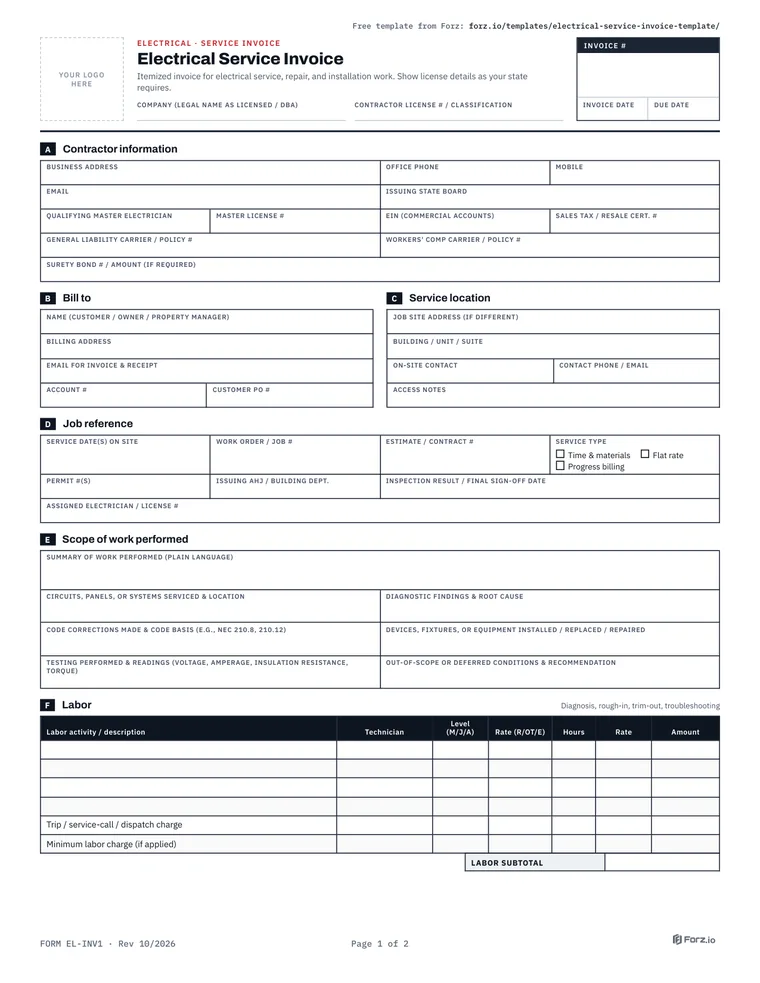 Page 1 of the Electrical Service Invoice PDF