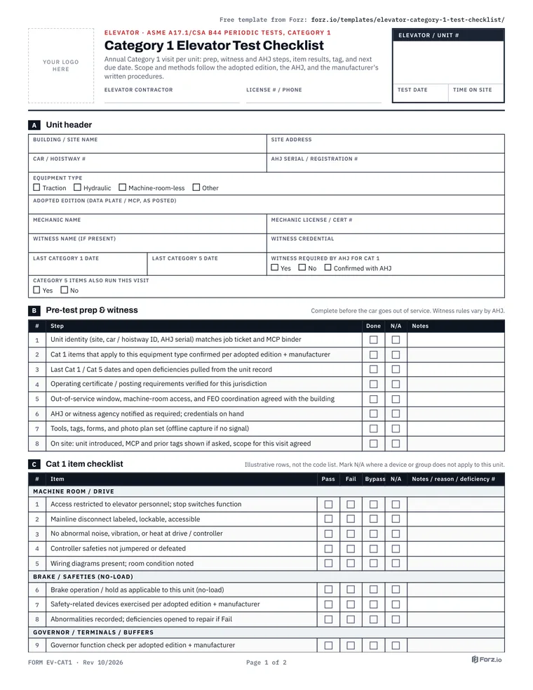 Page 1 of the Cat 1 Elevator Test Checklist (Template) PDF