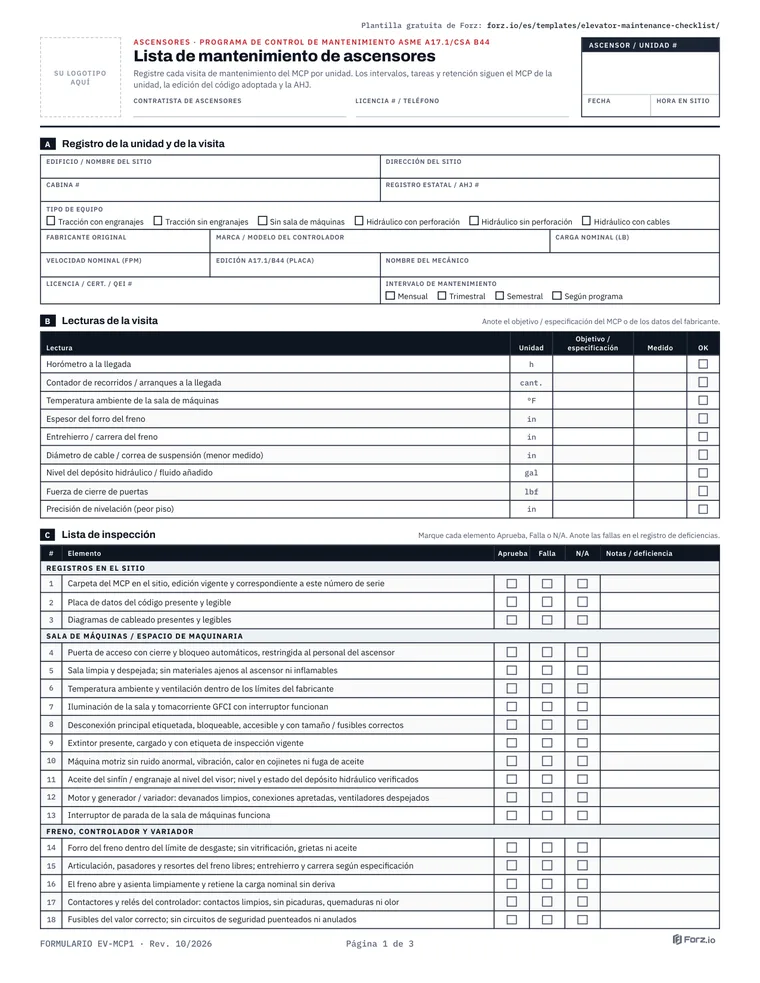 Página 1 del PDF Lista de verificación de mantenimiento de ascensores (alineada con el MCP)