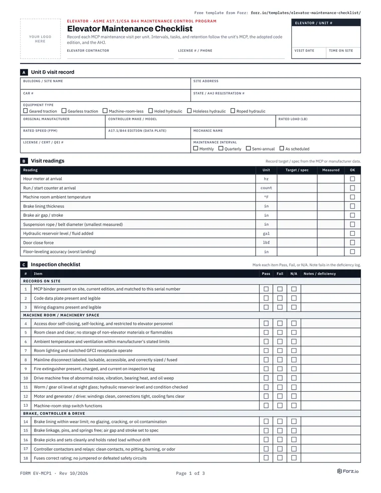 Page 1 of the Elevator Maintenance Checklist (MCP-Aligned) PDF