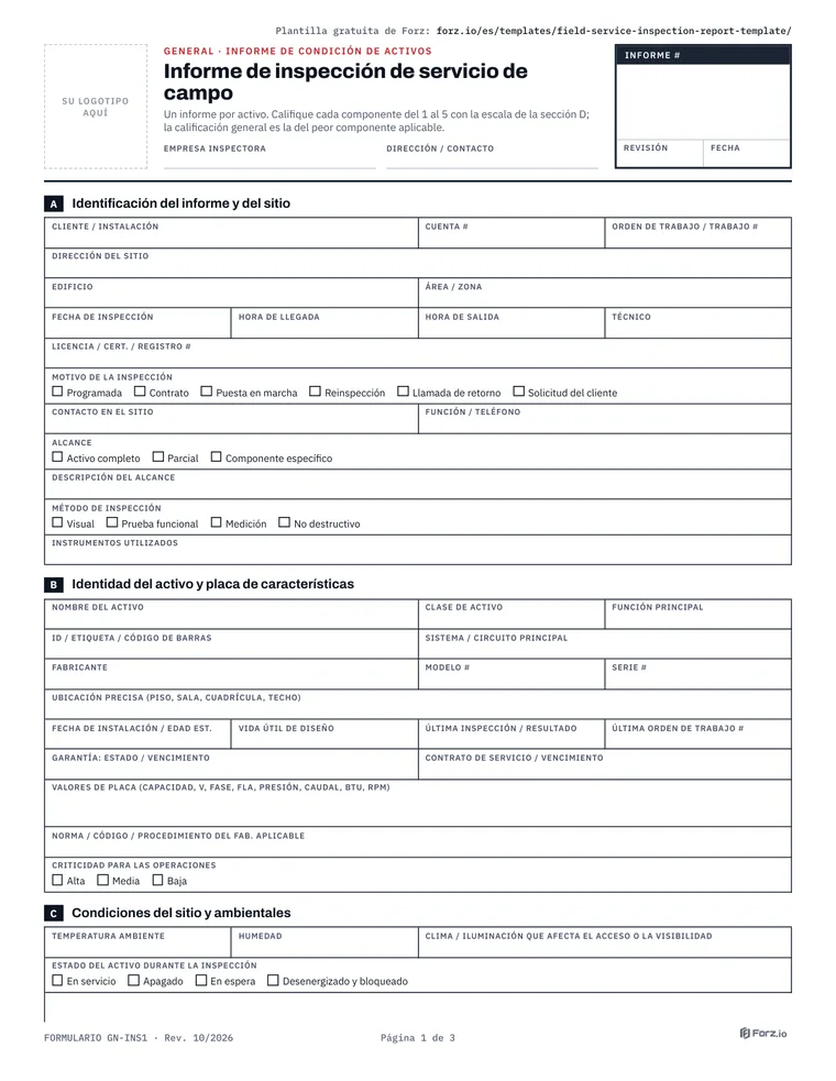 Página 1 del PDF Informe de inspección de servicio de campo