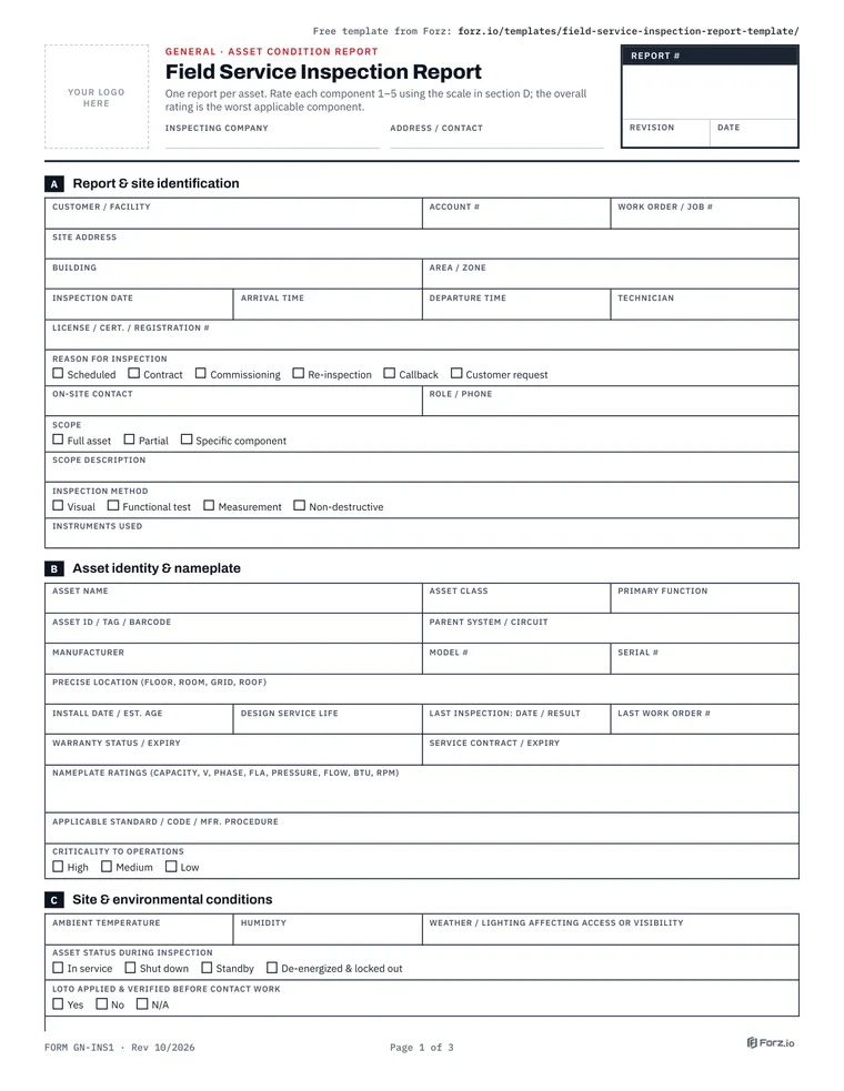 Page 1 of the Field Service Inspection Report PDF