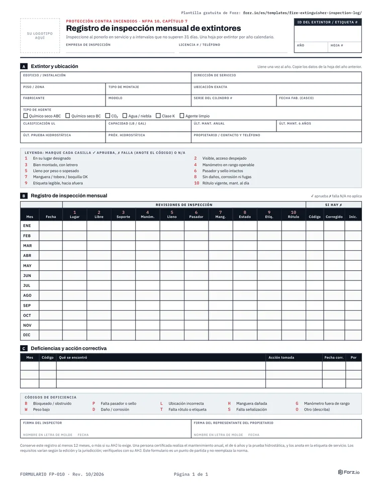Página 1 del PDF Registro de inspección mensual de extintores (NFPA 10)