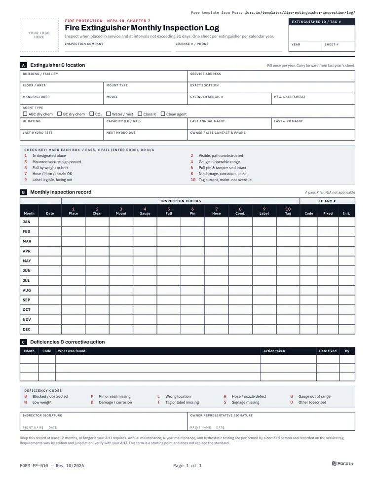 Page 1 of the Fire Extinguisher Monthly Inspection Log (NFPA 10) PDF