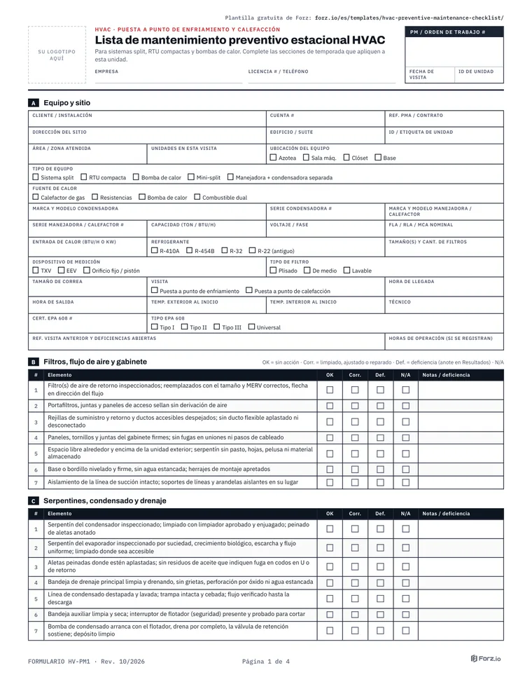 Página 1 del PDF Lista de verificación de puesta a punto estacional de mantenimiento preventivo HVAC