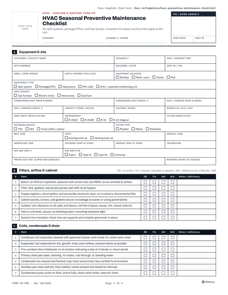 Page 1 of the HVAC Seasonal Preventive Maintenance Tune-Up Checklist PDF