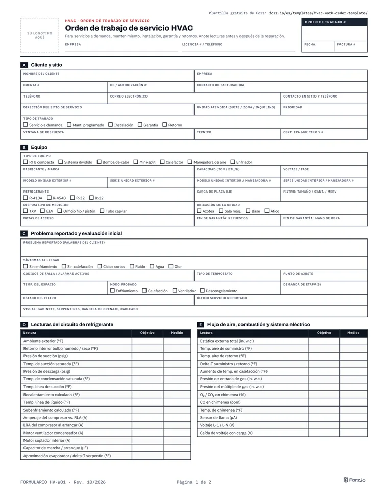Página 1 del PDF Orden de trabajo de servicio de HVAC