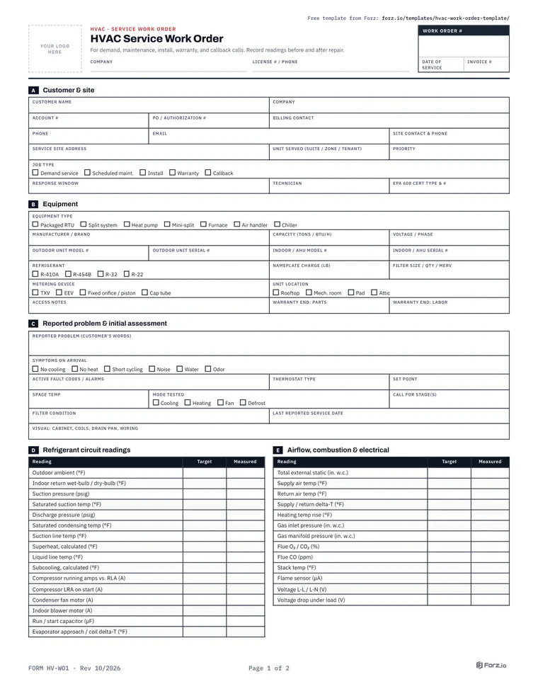Page 1 of the HVAC Service Work Order PDF