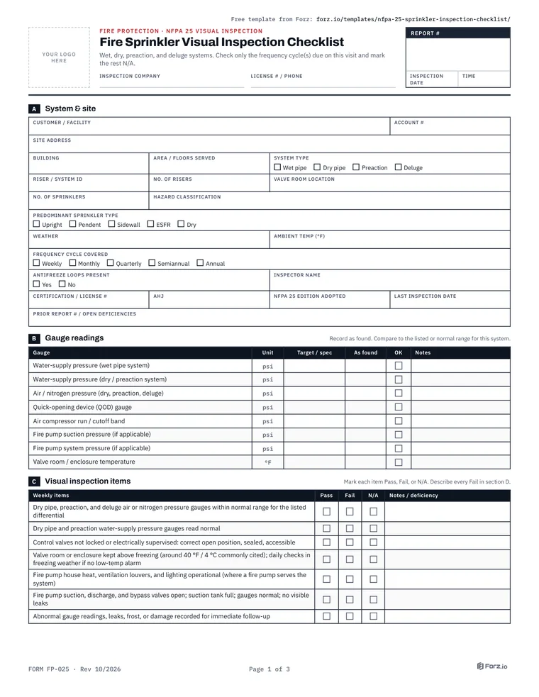 Page 1 of the NFPA 25 Fire Sprinkler Visual Inspection Checklist PDF