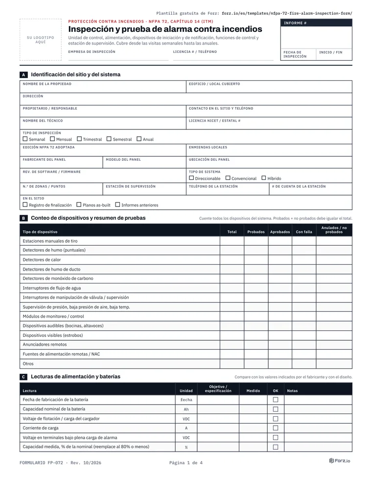 Página 1 del PDF Informe de inspección y prueba de alarma contra incendios NFPA 72