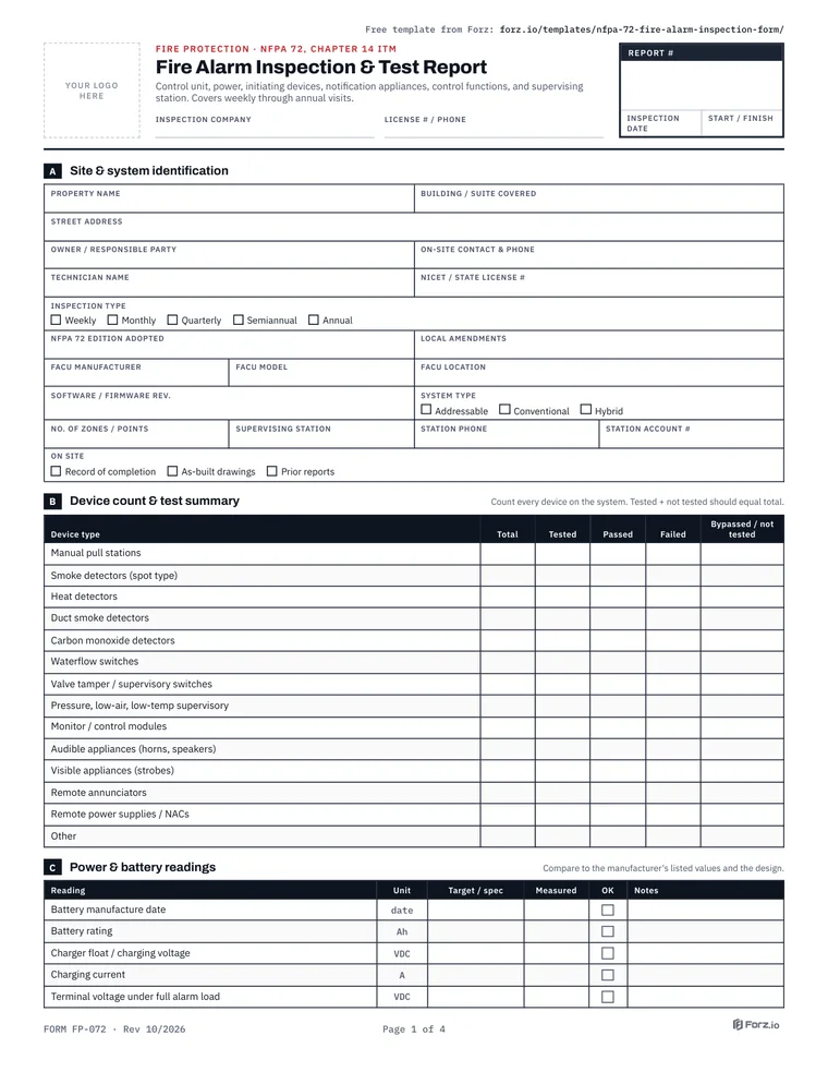 Page 1 of the NFPA 72 Fire Alarm Inspection & Test Report PDF