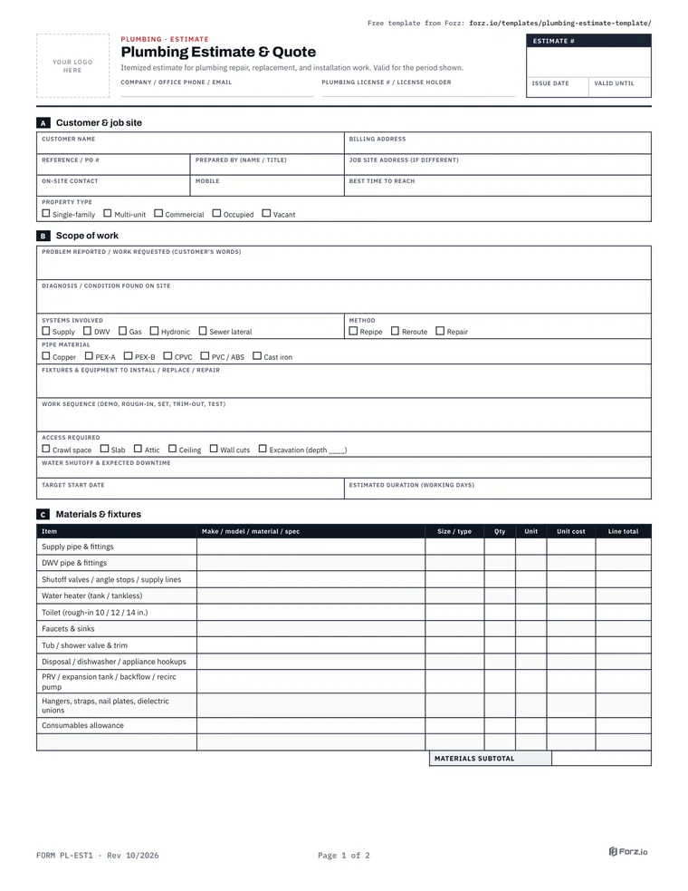 Page 1 of the Plumbing Estimate & Quote PDF