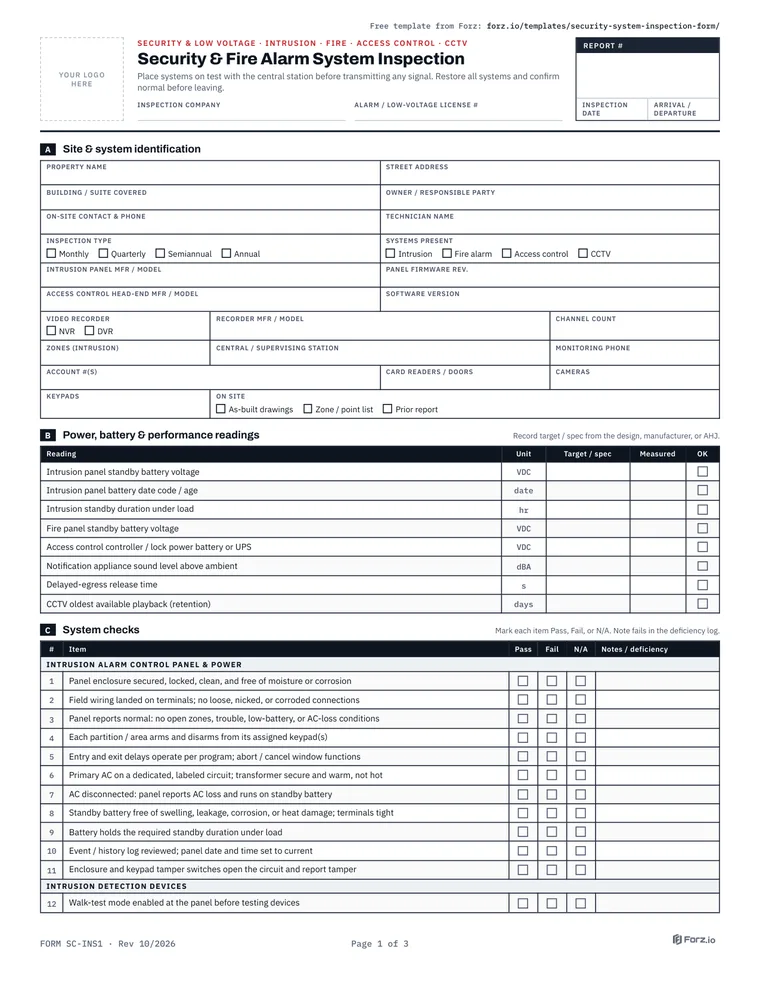 Page 1 of the Security & Fire Alarm System Inspection Form PDF